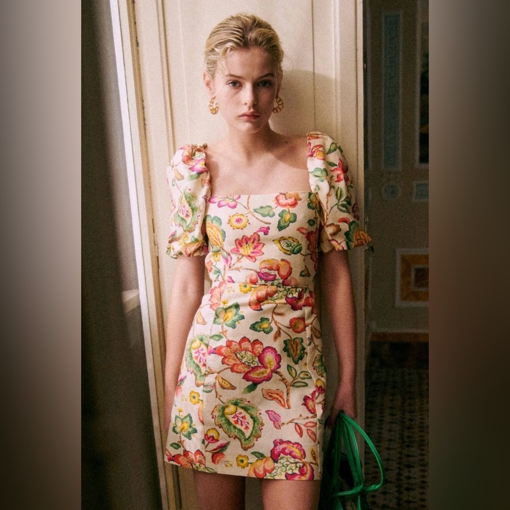 NWT Sezane Allya Floral Puff Sleeve Mini Dress In Aria Print, Square Neck, Sz. 2